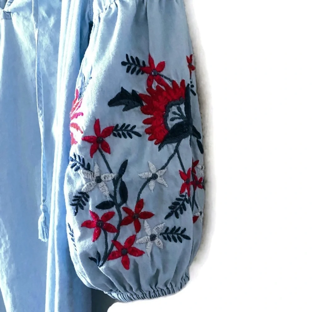 Aeropostale Solid Off-The-Shoulder Embroidered Chambray Shift Dress size S - Picture 5 of 9